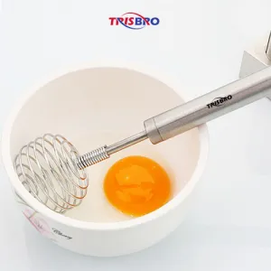 Kitchen Egg Beater, Spring Coil Wire Whisk Hand Mixer Blender Egg Beater wood and Stainless Steel